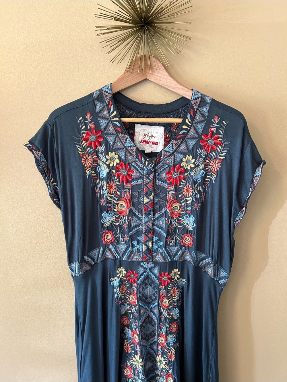 Johnny Was Embroidered Boho Cassie Maxi Dress - Navy Blue Medium